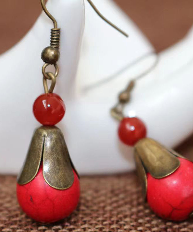 Pendientes colgantes de cobre con patchwork de turquesa roja estilo bohemio