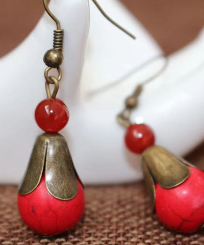Pendientes colgantes de cobre con patchwork de turquesa roja estilo bohemio