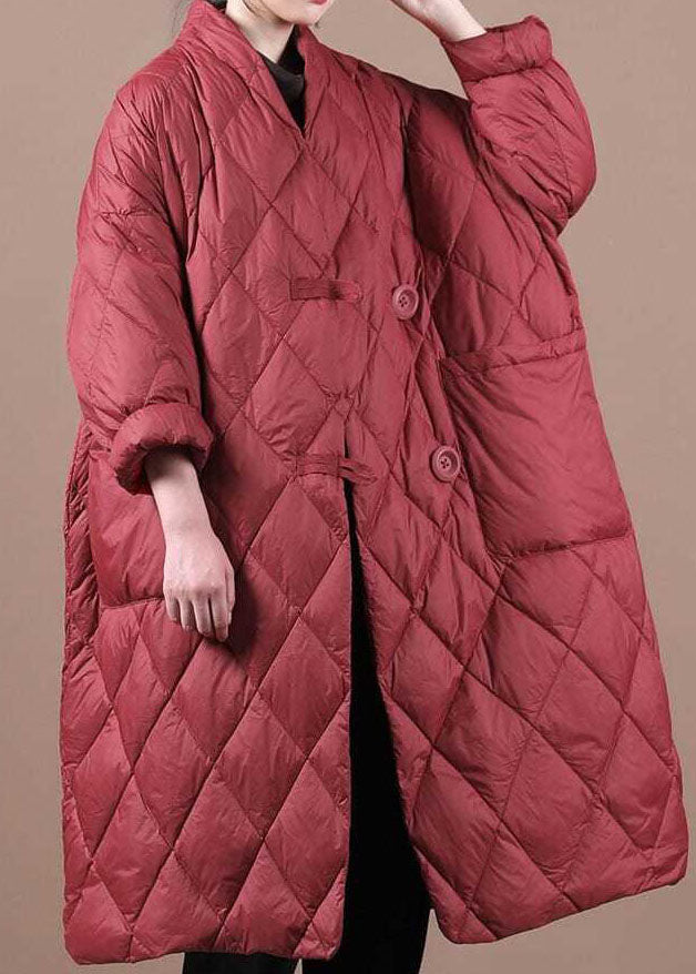 Boho Roter Winterparka mit V-Ausschnitt und Knopfleiste, feine Baumwolle