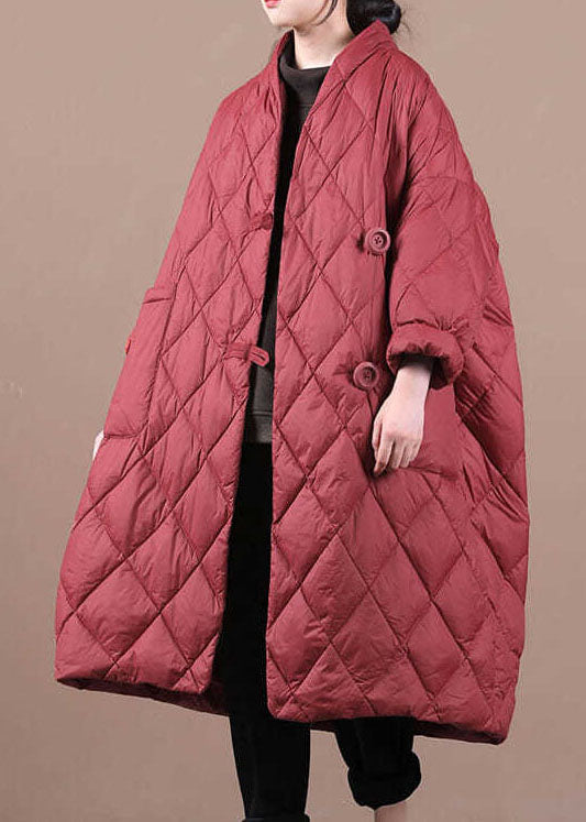 Boho Roter Winterparka mit V-Ausschnitt und Knopfleiste, feine Baumwolle