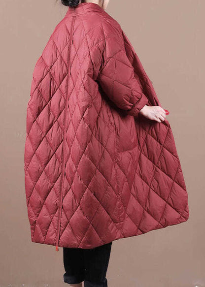 Boho Roter Winterparka mit V-Ausschnitt und Knopfleiste, feine Baumwolle