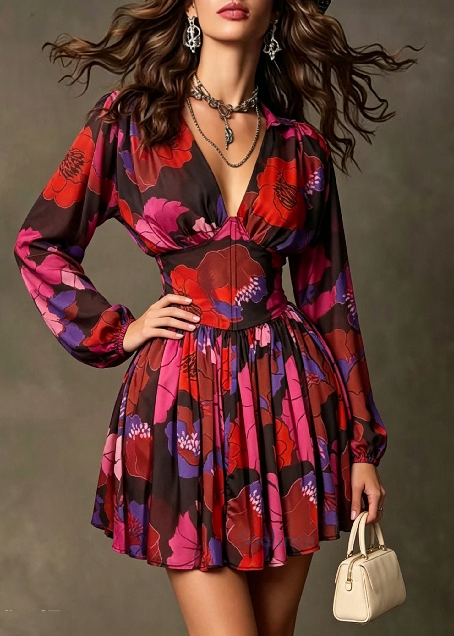 Boho Red V Neck Print Chiffon Shift Dress Summer
