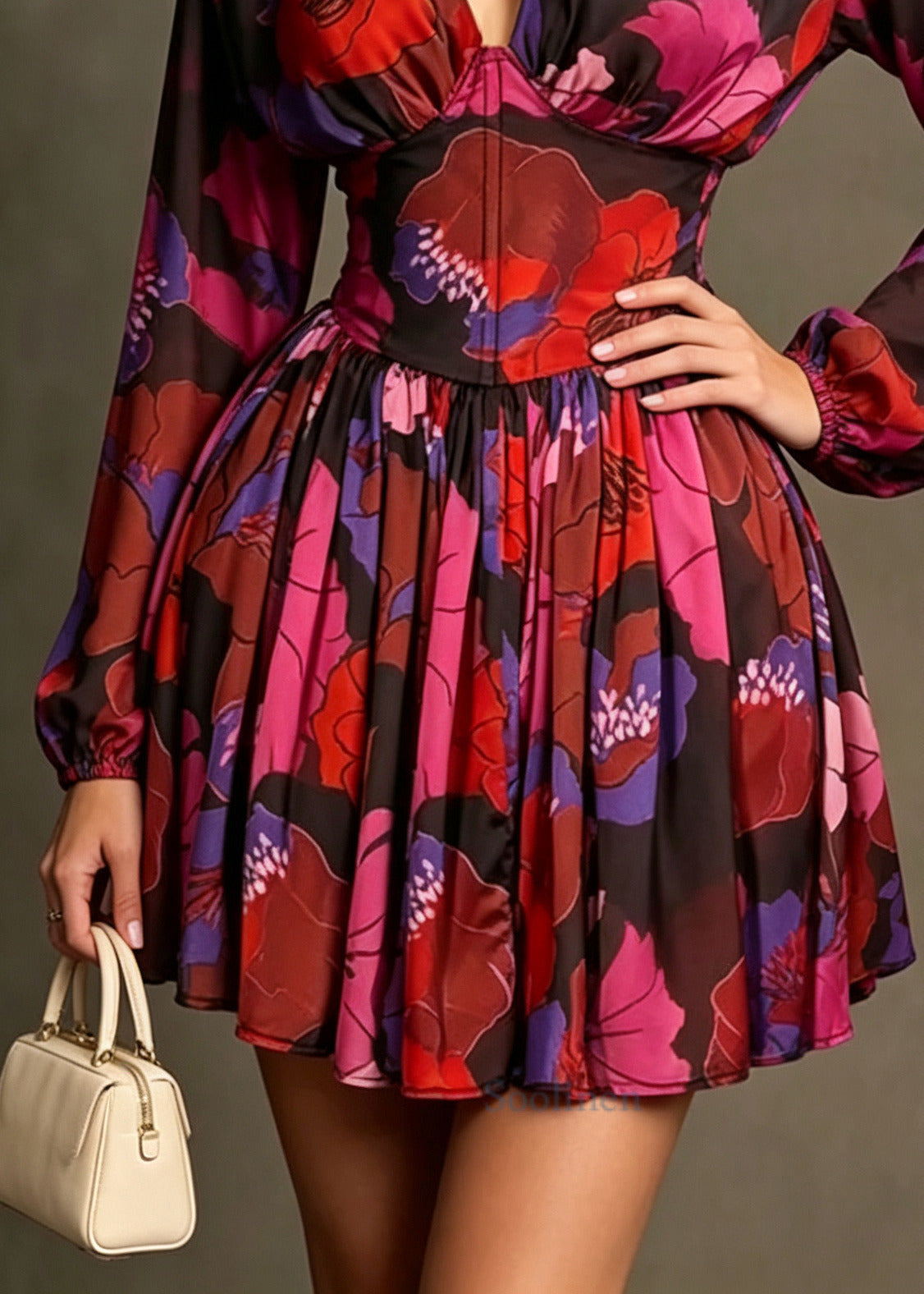 Boho Red V Neck Print Chiffon Shift Dress Summer