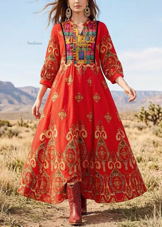 Boho Red V Neck Print Exra Large Hem Cotton Dress Lantern Sleeve