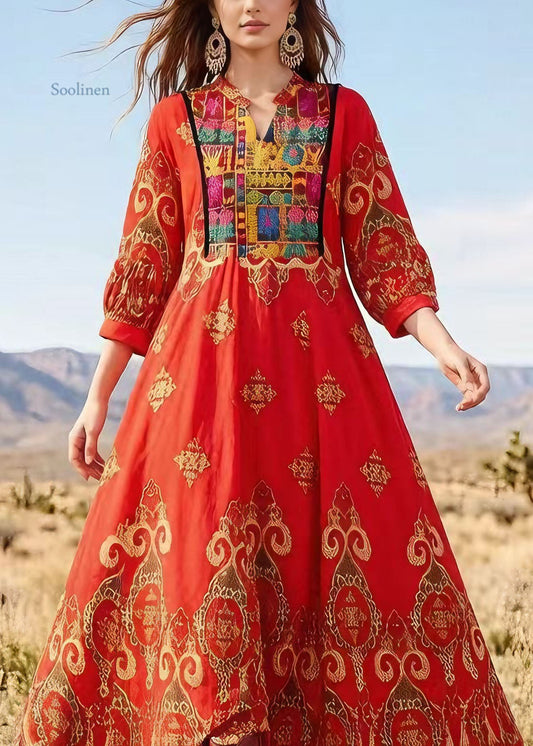 Boho Red V Neck Print Exra Large Hem Cotton Dress Lantern Sleeve