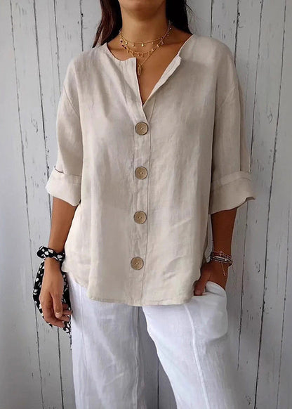 Boho Red V Neck Print Patchwork Button Solid Top Summer