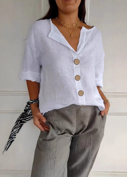 Boho Red V Neck Print Patchwork Button Solid Top Summer