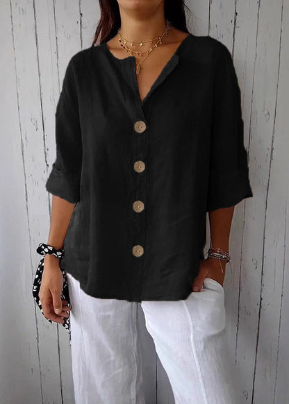 Boho Red V Neck Print Patchwork Button Solid Top Summer