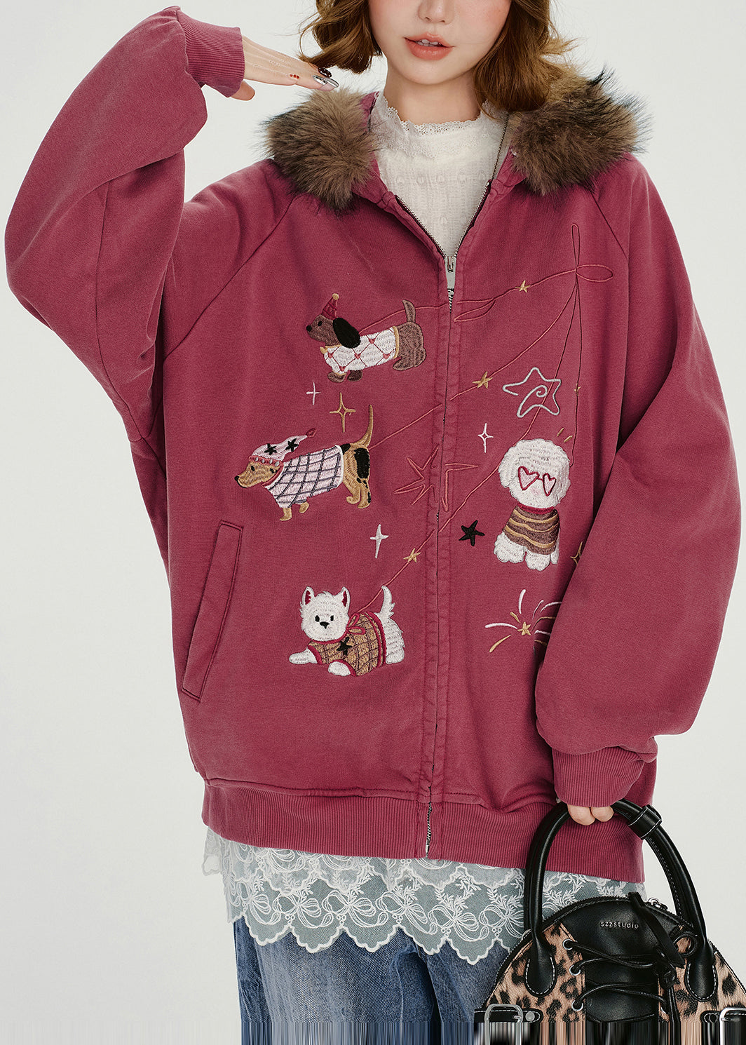 Boho-Baumwollmantel mit Rosenstickerei und Kapuze, Frühling