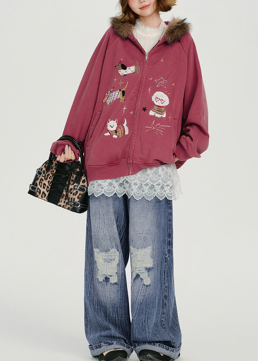 Boho-Baumwollmantel mit Rosenstickerei und Kapuze, Frühling