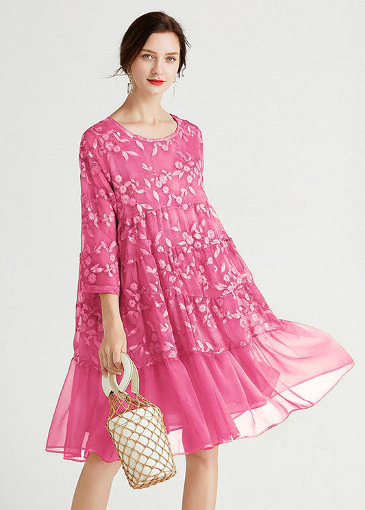 Boho Rose O-Ausschnitt besticktes Chiffonkleid Frühling