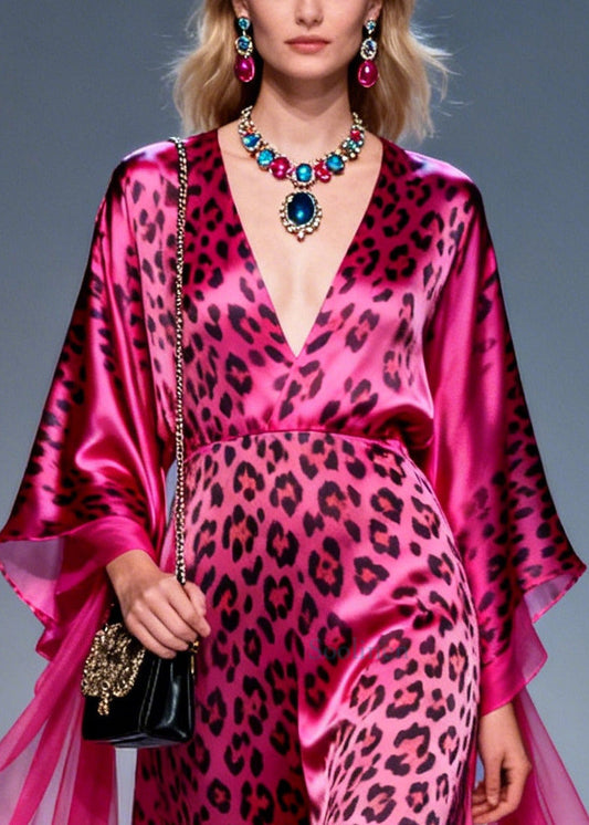Boho Rose Ruffled Leopard Print Silk Long Dresses Summer
