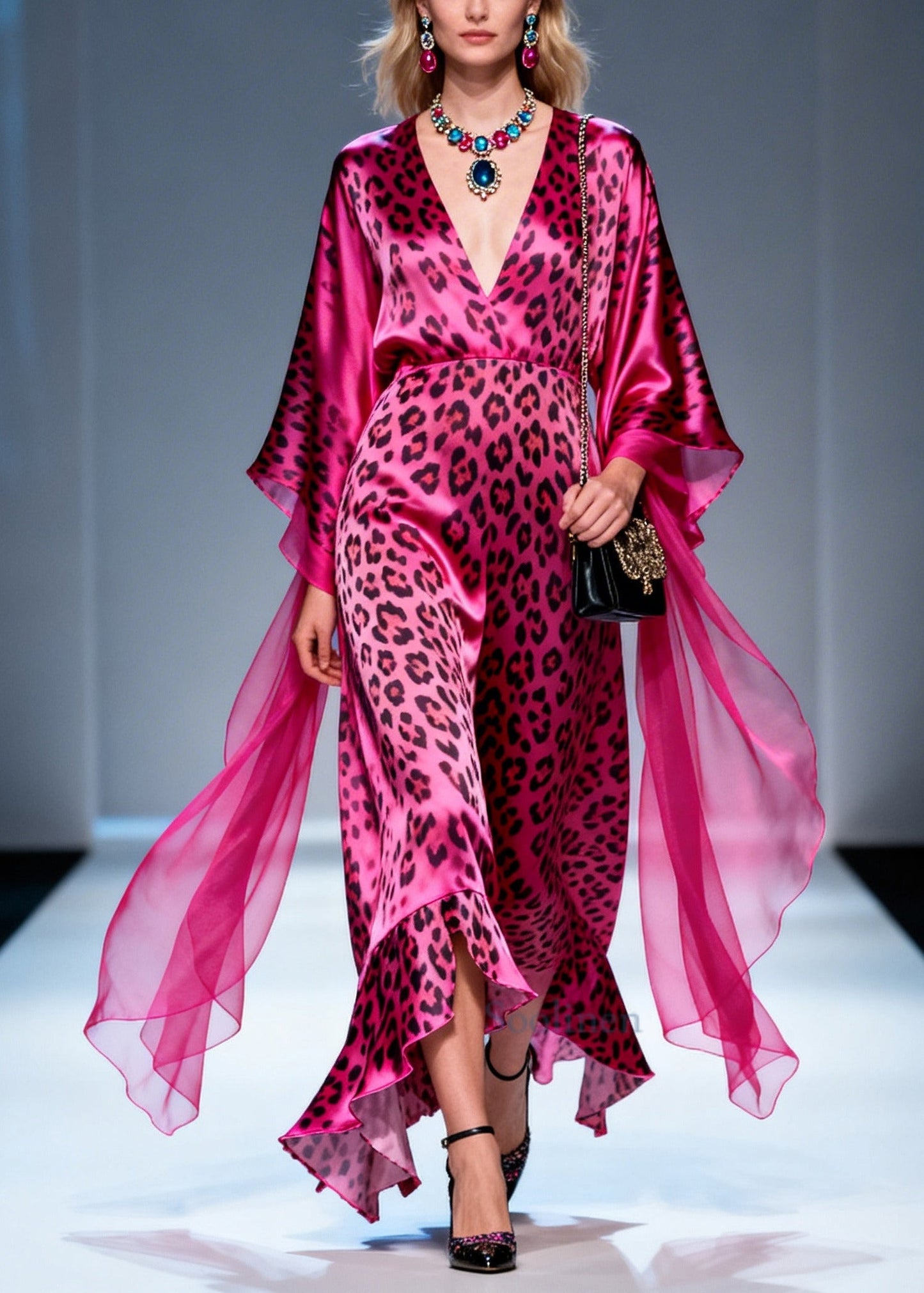 Boho Rose Ruffled Leopard Print Silk Long Dresses Summer