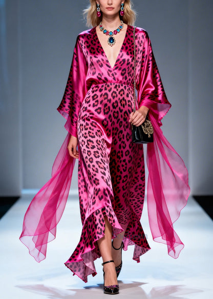 Boho Rose Ruffled Leopard Print Silk Long Dresses Summer