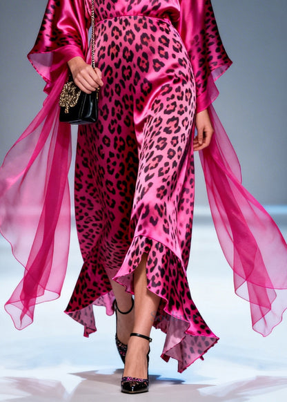 Boho Rose Ruffled Leopard Print Silk Long Dresses Summer