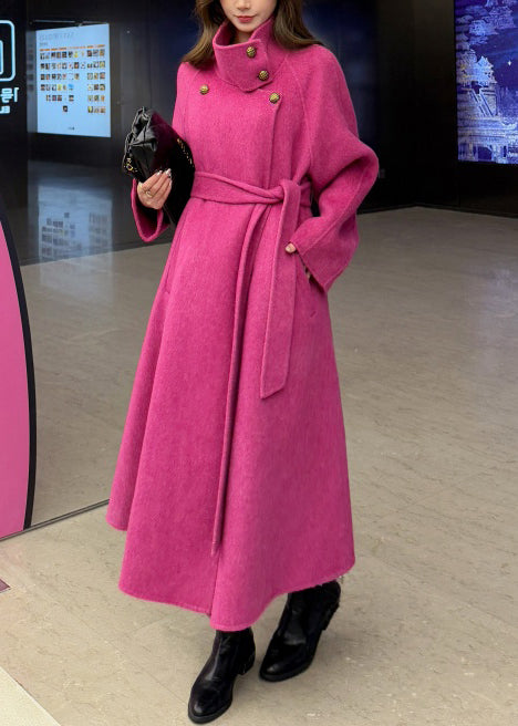 Boho-Rosen-Trenchcoat aus Wolle mit Stehkragen und Bindegürtel für den Winter