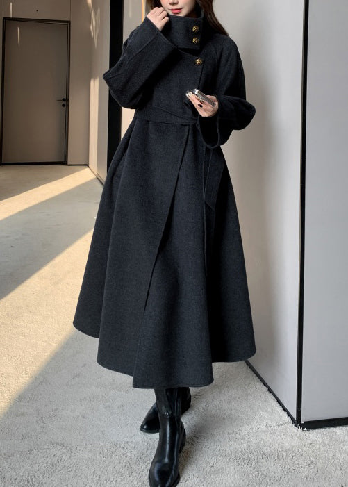 Boho-Rosen-Trenchcoat aus Wolle mit Stehkragen und Bindegürtel für den Winter