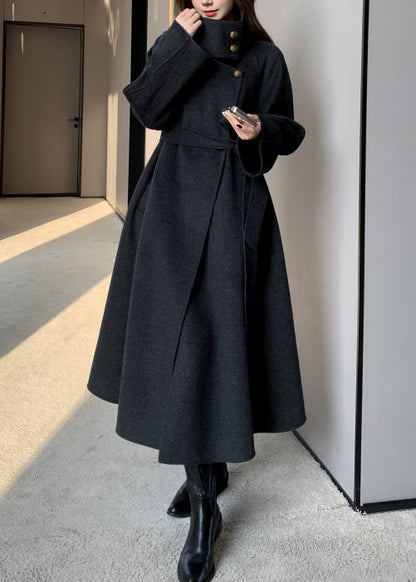 Boho-Rosen-Trenchcoat aus Wolle mit Stehkragen und Bindegürtel für den Winter