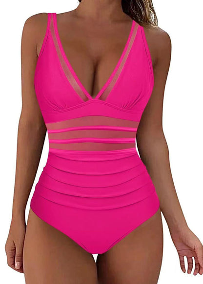 Boho Rose V Neck Wrinkled Patchwork Mesh Swimwear Bodysuit