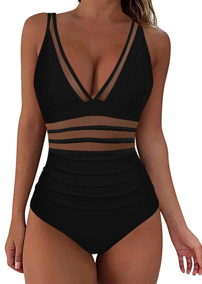 Boho Rose V Neck Wrinkled Patchwork Mesh Swimwear Bodysuit