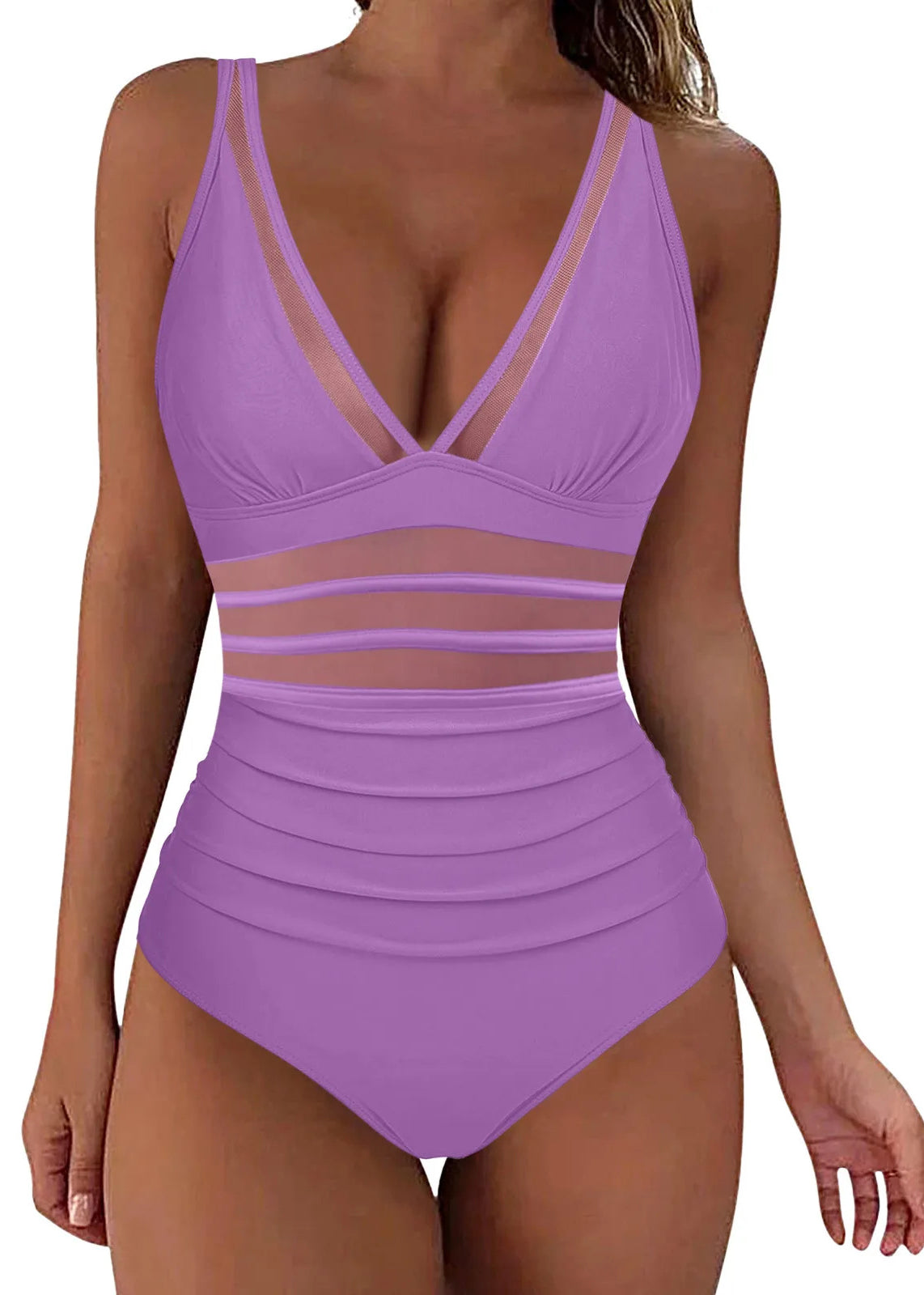 Boho Rose V Neck Wrinkled Patchwork Mesh Swimwear Bodysuit