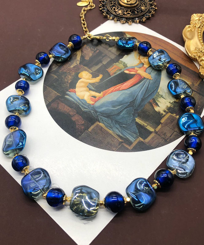 Collar con medallón bohemio de plata de ley azul real con esmalte dorado antiguo