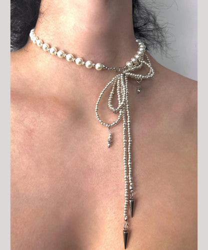 Boho Silk Alloy Pearl Rivet Bow Gratuated Bead Necklace
