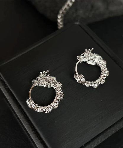 Pendientes de aro circulares con forma de dragón de plata de ley y seda estilo bohemio