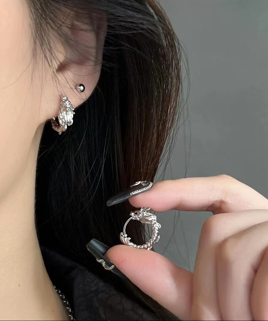 Pendientes de aro circulares con forma de dragón de plata de ley y seda estilo bohemio