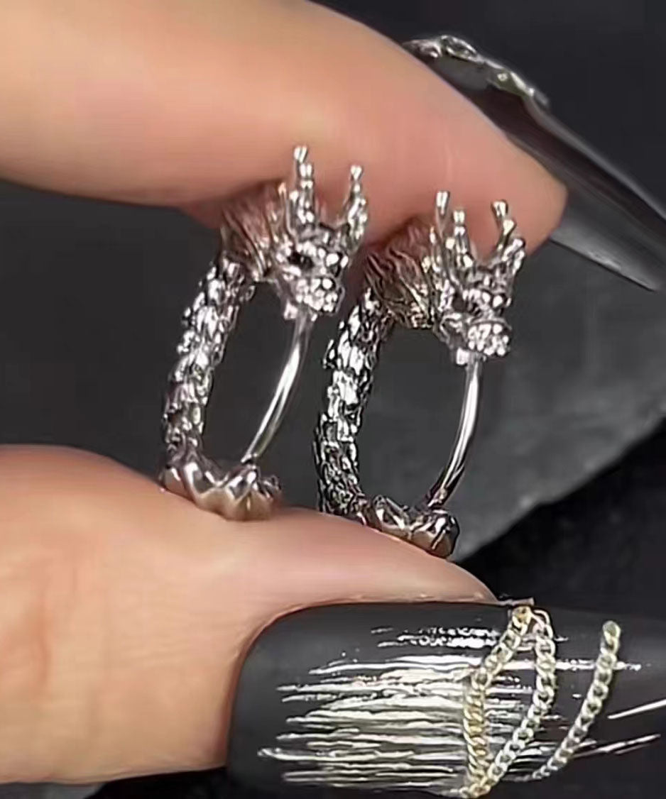 Pendientes de aro circulares con forma de dragón de plata de ley y seda estilo bohemio