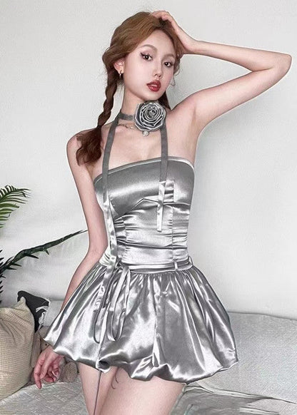 Boho Silver Halter Patchwork Rose Top And Skirt Two Piece Set Sleeveless
