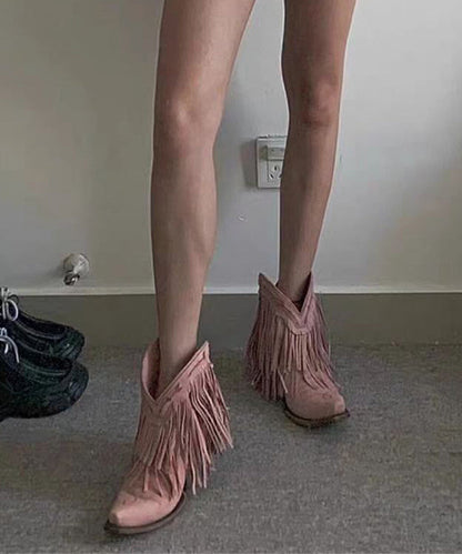 Boho-Stiefeletten mit klobiger Sohle, bestickt, rosa Kunstleder