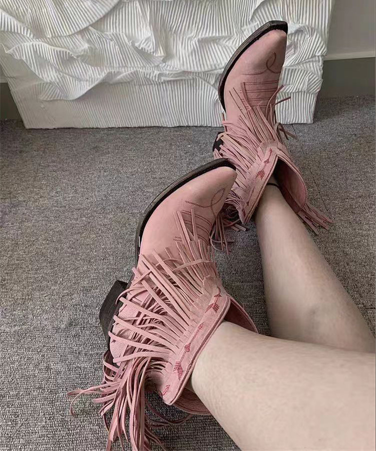 Boho-Stiefeletten mit klobiger Sohle, bestickt, rosa Kunstleder