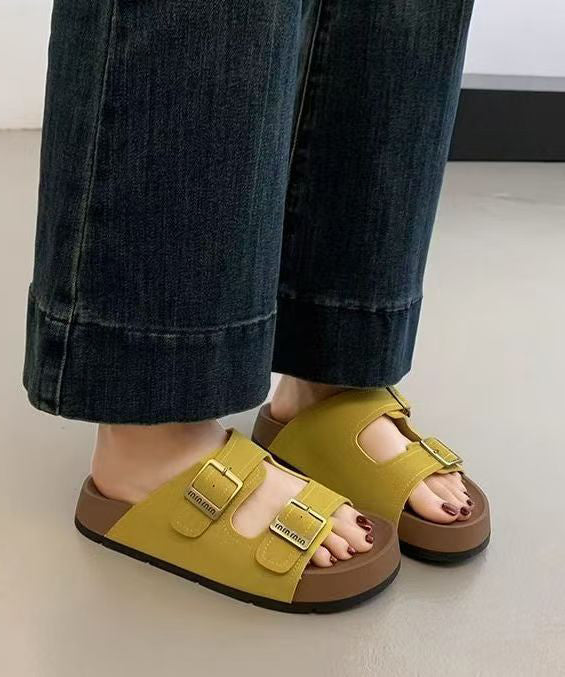 Boho Splicing Platform Green Suede Slide Sandals Peep Toe