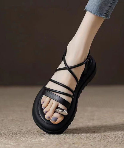 Boho Splicing Plateau Sandalen Schwarzes Rindsleder Peep Toe