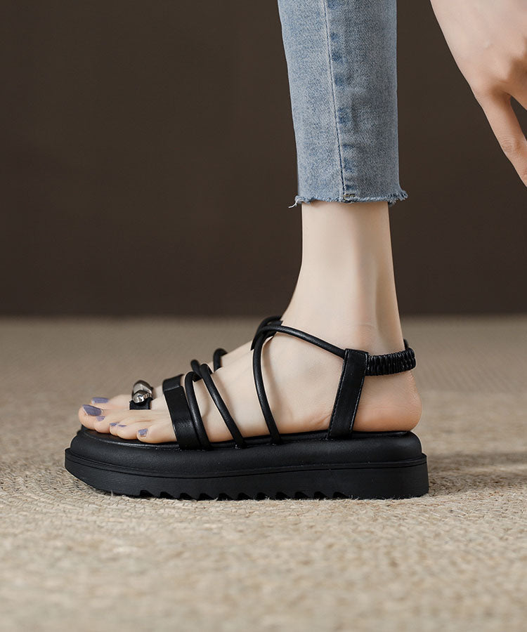 Boho Splicing Plateau Sandalen Schwarzes Rindsleder Peep Toe
