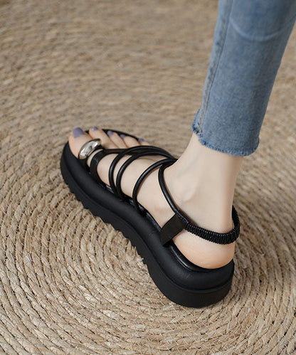 Boho Splicing Plateau Sandalen Schwarzes Rindsleder Peep Toe