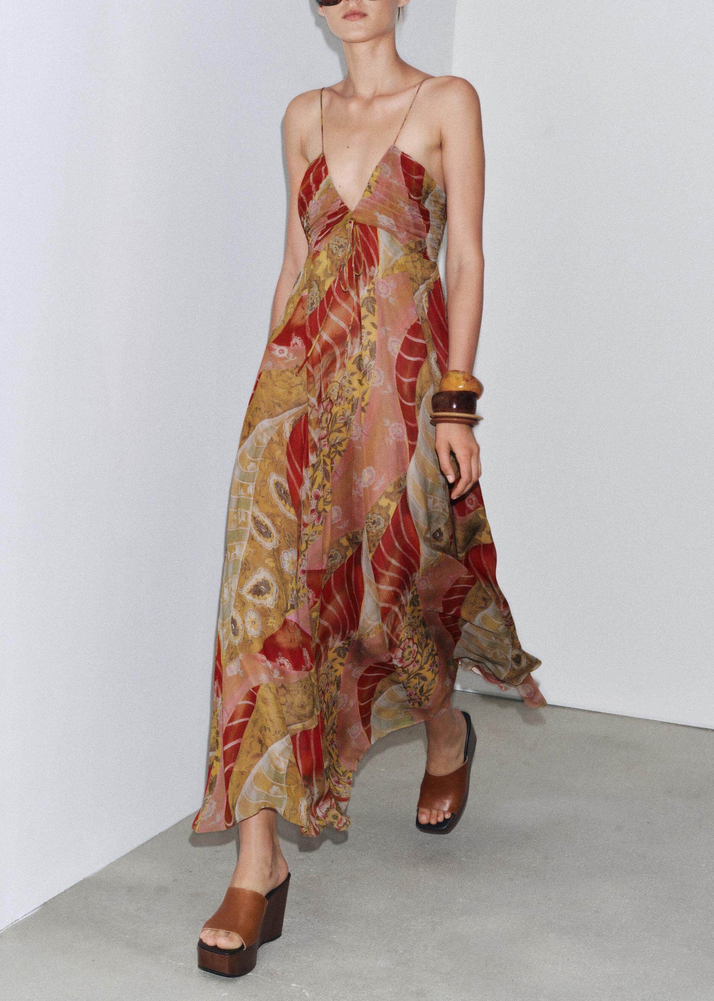 Boho V Neck Print Backless Chiffon Spaghetti Strap Dress Summer