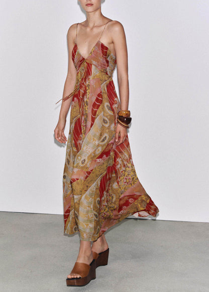 Boho V Neck Print Backless Chiffon Spaghetti Strap Dress Summer