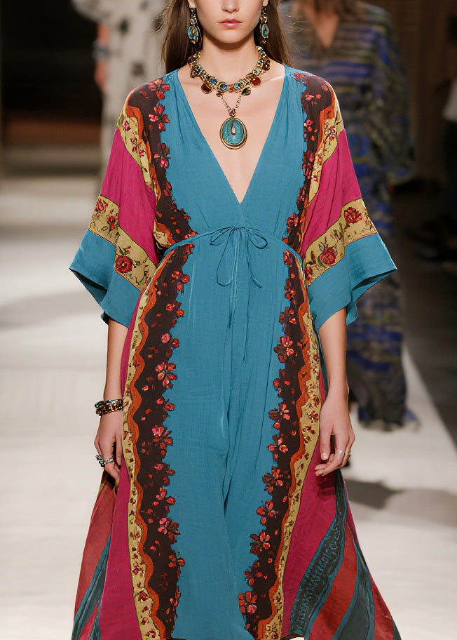 Boho V Neck Print Lace Up Cotton Long Dresses Summer