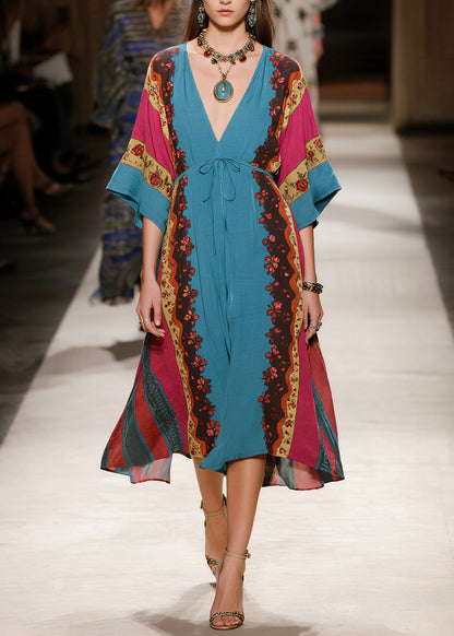 Boho V Neck Print Lace Up Cotton Long Dresses Summer