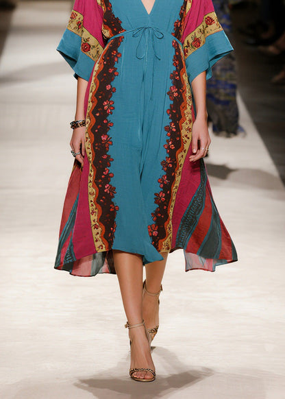 Boho V Neck Print Lace Up Cotton Long Dresses Summer