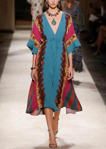 Boho V Neck Print Lace Up Cotton Long Dresses Summer