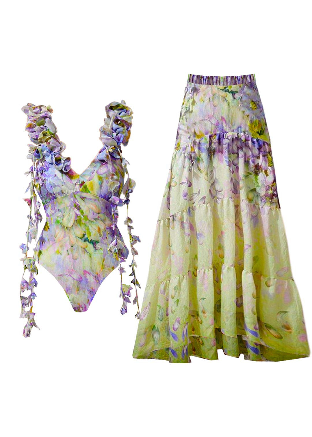 Boho V-Neck Print Patchwork Bodysuit And Maxi Skirts Lingerie Set