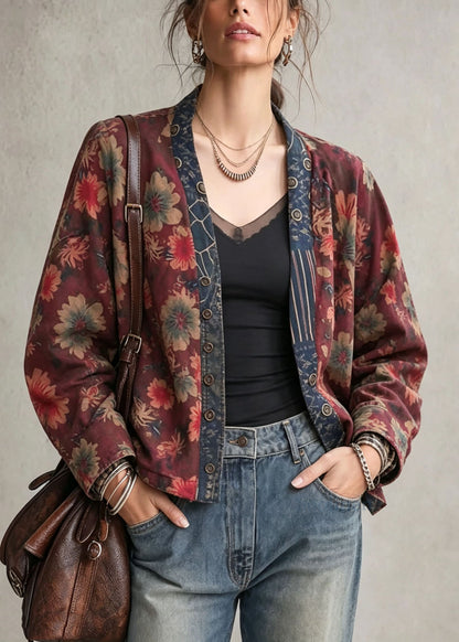 Boho V Neck Print Wear On Both Sides Cotton Cardigan Fall