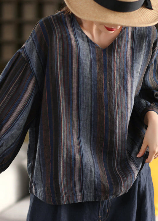 Boho V Neck Striped Loose Linen Shirts Summer