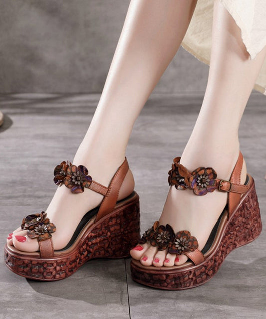 Boho Keilsandalen Peep Toe Braun Rindsleder Floral