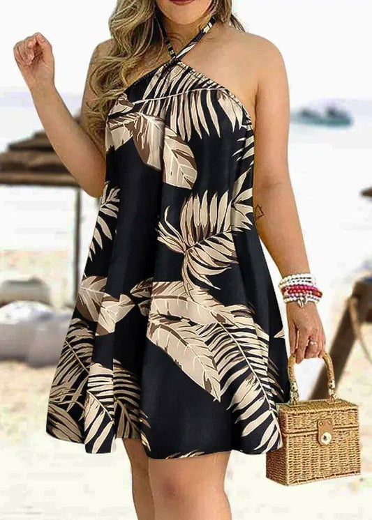 Boho White Backless Print Cotton Halter Dress Summer