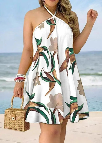 Boho White Backless Print Cotton Halter Dress Summer