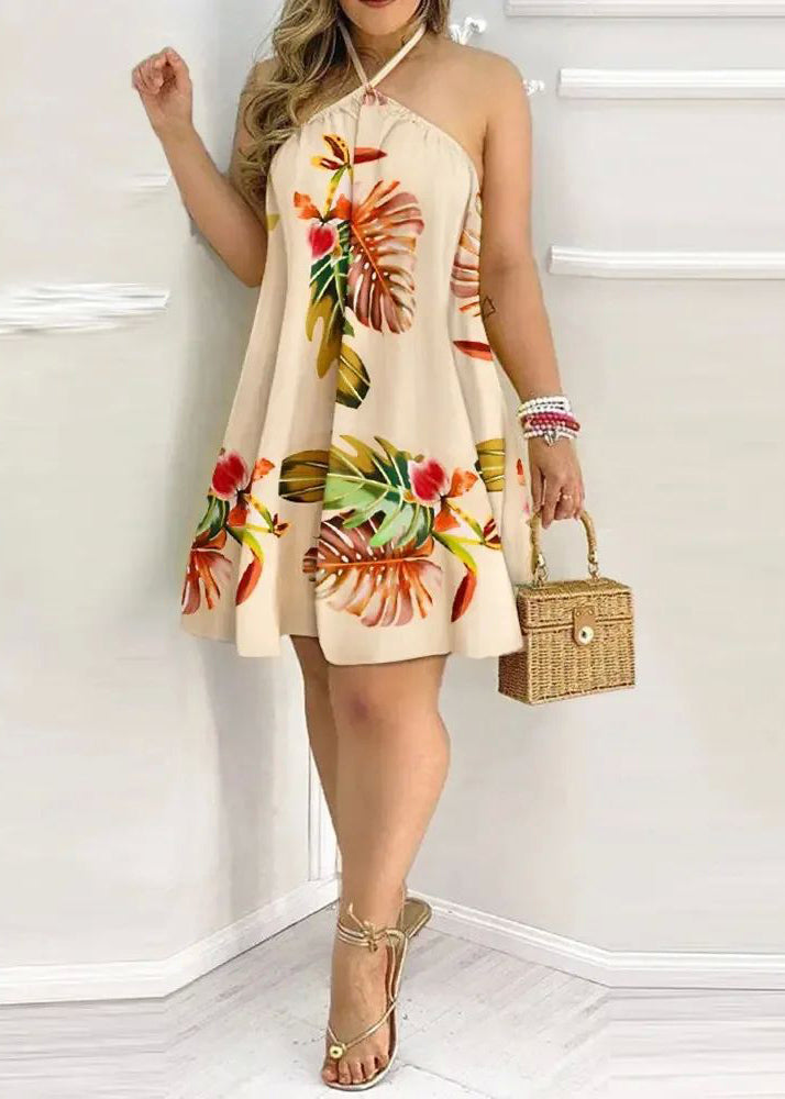 Boho White Backless Print Cotton Halter Dress Summer